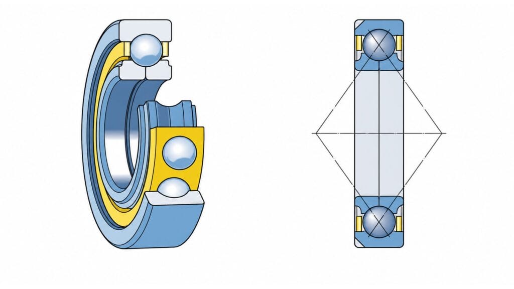 Four-point contact ball bearing cutaway and sectional view with locating slots.